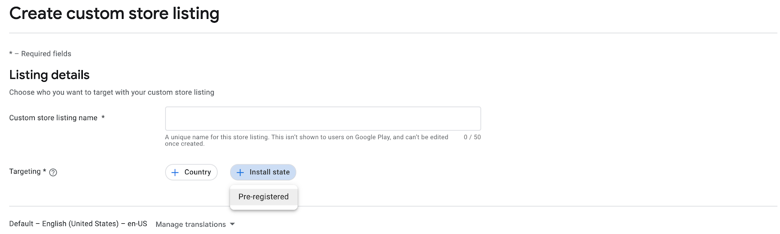 Google Play Console custom store listings creation interface